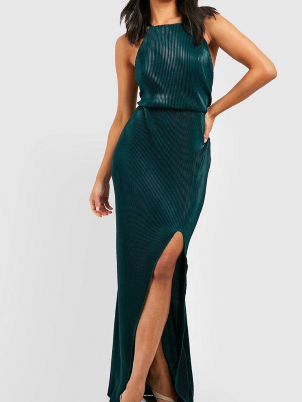 Petite Plisse Pleated Thigh Split Maxi Dress